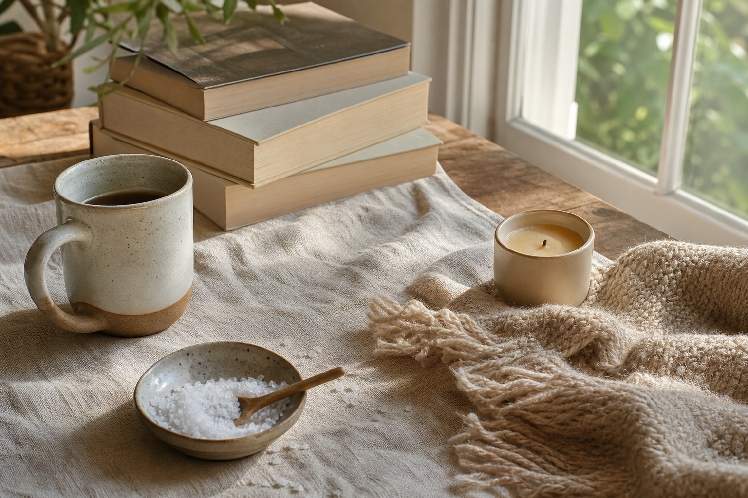 A sunlit table with books, a ceramic mug, sea salt, linen, and a candle.